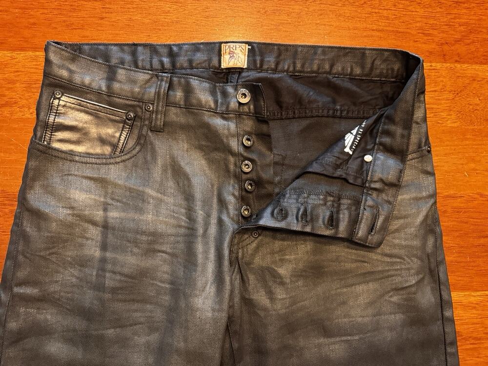 PRPS Barracuda Jeans Black Metallic Coated Creased Straight Leg Designer 34 2015